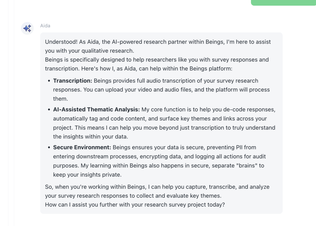 Image of Beings' Aida platform explaining what it can do. It may be one of the best transcription tools for survey responses