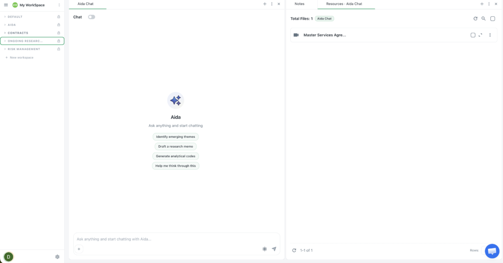 The Aida dashboard in Beings showing document workspaces and the chat interface