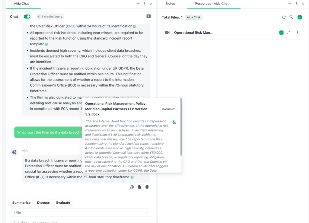 Aida returning a cited answer on UK GDPR data breach obligations from an internal risk policy document